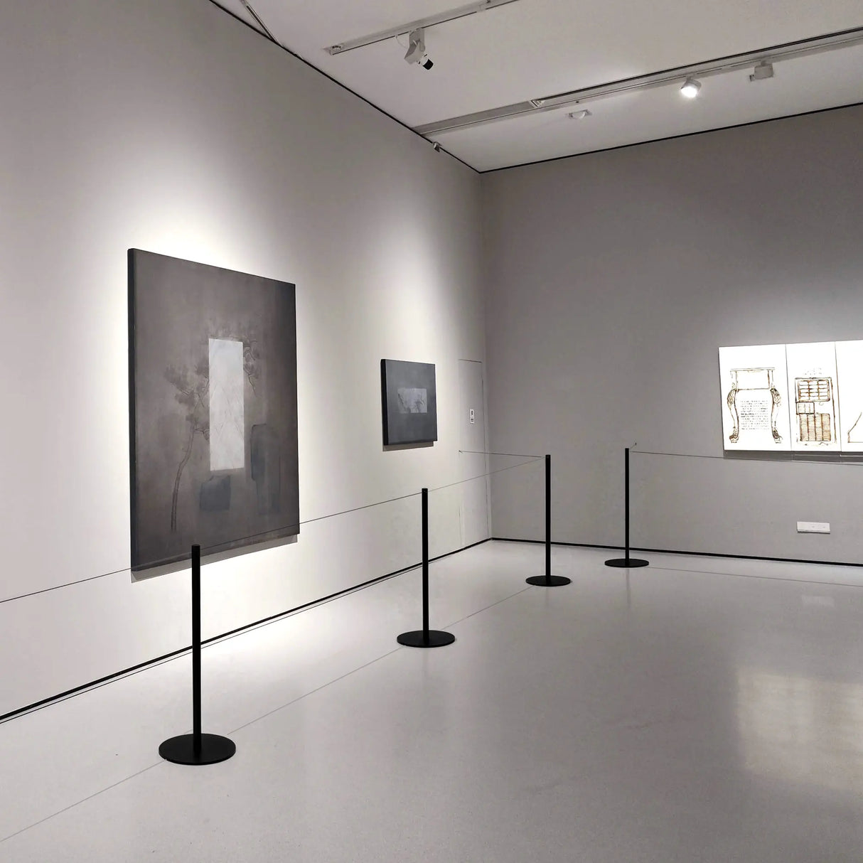 Crowd control barrier system with modern artworks in a museum