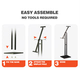 Step-by-step assembly guide for a single sided poster stand with text 'Easy Assemble No Tools Required'.
